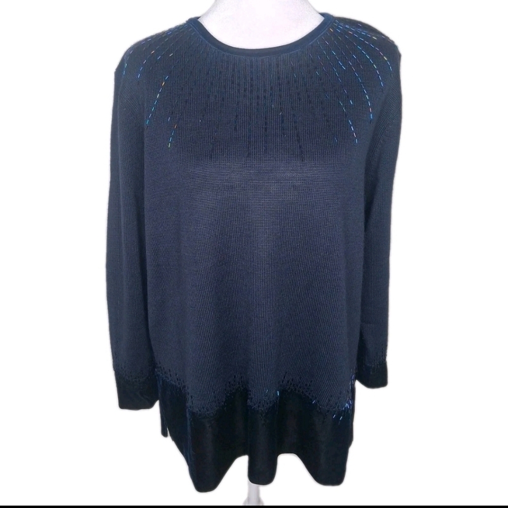 Vintage Alfred Dunner Beaded Embellished Navy Velvet Hem Sweatshirt Long Sleeve